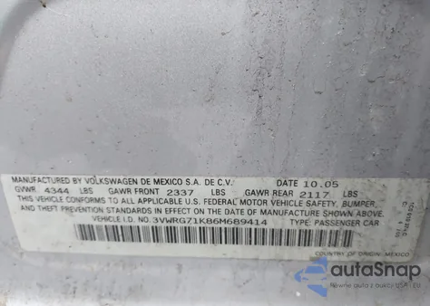 2006 Volkswagen Jetta 2.5 из США, поврежденный, VIN 3VWRG71K86M689414